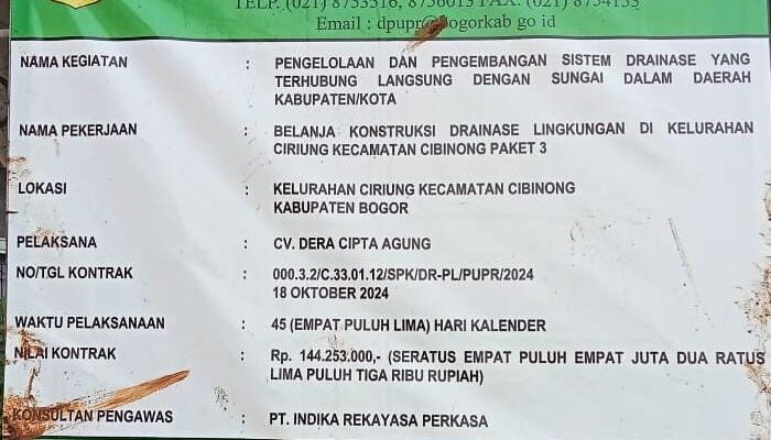 Sudah lebih dari 45 hari kerja Proyek Pengelolaan dan pengembangan sistem drainase yang di kerjakan oleh CV.Dera Cipta Agung yang berlokasi di Kelurahan ciriung kecamatan Cibinong Menuai sorotan 